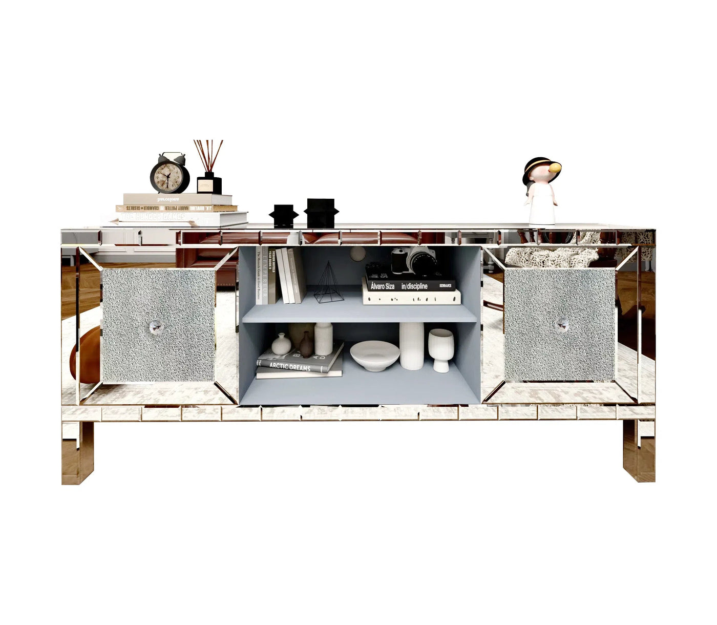 60' Mirrored TV Stand with Crushed Diamond Glass Doors - Modern Media Entertainment Center for Living Room, Adjustable Storage TV Console Table for 65-Inch TV
