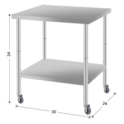 30''*24'' Commercial Work Table for Restaurant and Home Stainless Steel Kitchen Prep Table with Under Shelf and wheels
