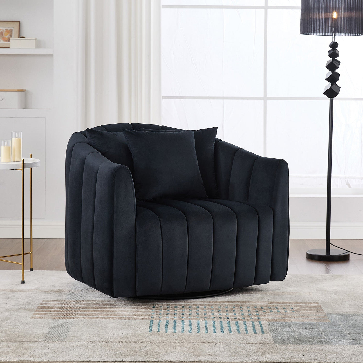 40.35'W Upholstered Oversized 360° Swivel Accent Barrel Chair and Half Cozy Sofa with 3 Pillows, Velvet Channel Tufted Pumpkin-Shape Club Armchair for Living Room, Bedroom, Office, Lounge, Black