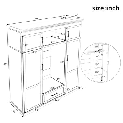 U-Can 85.2''H Hall Tree with Bench and 3 Hooks, Modern Entryway Storage Organizer Cabinet with 4 Doors, 1 Drawer and Adjustable Shelves for Hallway, Entryway, Living Room