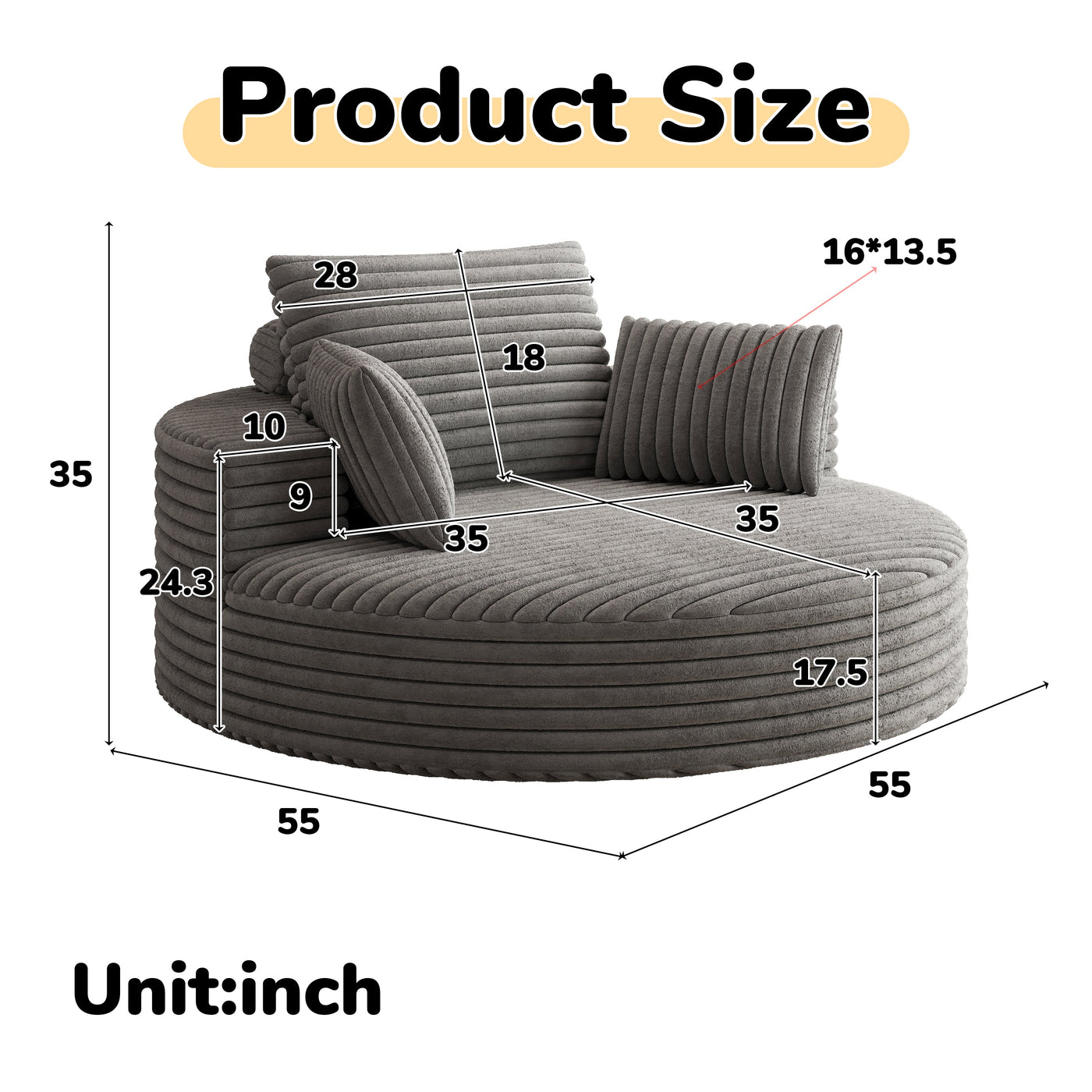 55''L Corduroy Chenille Foam Single Swivel Chair, Fluffy Modern Sleeper, 360 Degree Swivel Chair for Living Room, Bedroom, Lounge and Projection Room