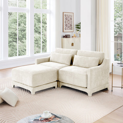 Elegant Two-Seater Sofa with Ottoman, Lumbar Pillows, Ergonomic Design, Beige Chenille, Wood Frame