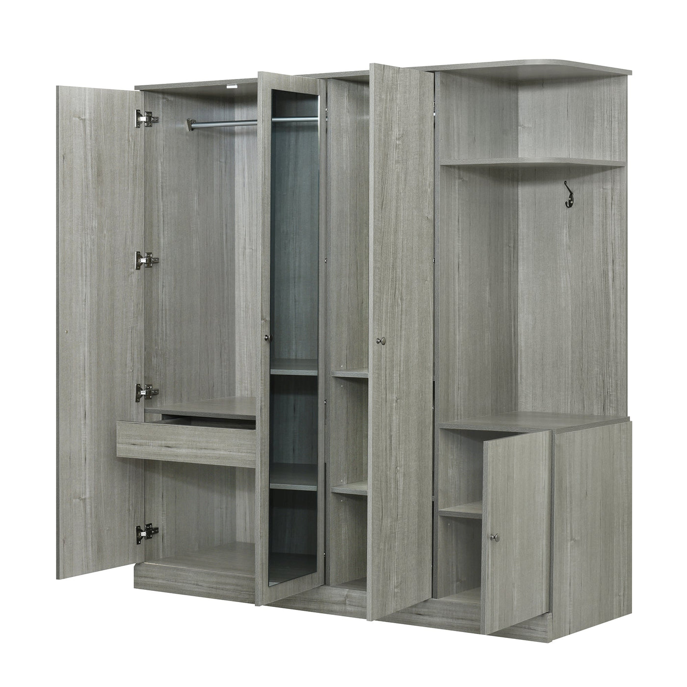 4-Door Wardrobe with Shelves, Drawers, and Full-Length Mirror, Gray