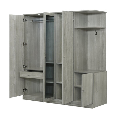 4-Door Wardrobe with Shelves, Drawers, and Full-Length Mirror, Gray