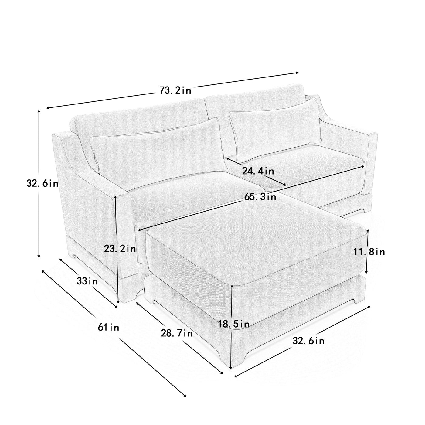 Elegant Two-Seater Sofa with Ottoman, Lumbar Pillows, Ergonomic Design, Beige Chenille, Wood Frame
