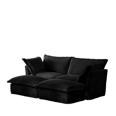 Slipcovered Sofa 2 Seater Sofa    With 2 Ottomans, 2 Seater Sleeper Sofa Bed Home Theater Oversized Sofa For Living Room, Corduroy, Black