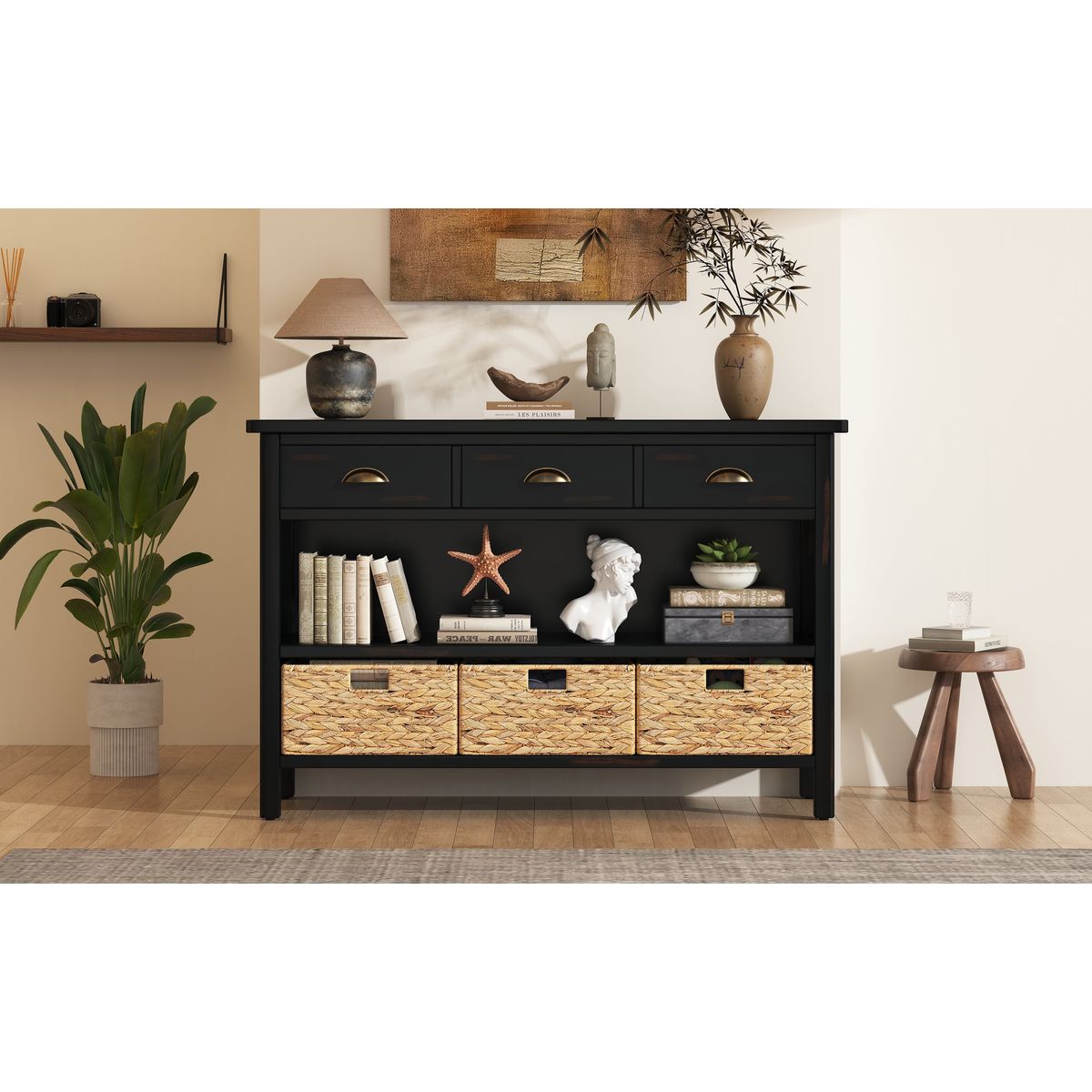 TREXM Retro Console Table with 3 Storage Drawers, Entryway Table with 3 Water Hyacinth Woven Baskets,Wooden Accent Sofa Table Buffet Cabinet for Entryway, Hallway and Living Room (Espresso)