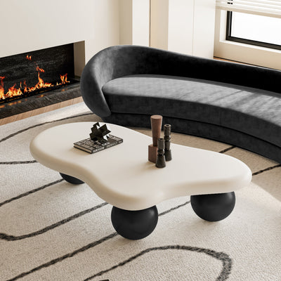 47 Inch Cloud Shaped Coffee Table with 3 Ball Legs for Living Room, White Top Black Legs