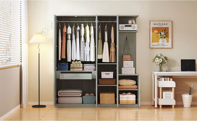 4-Door Wardrobe with Shelves, Drawers, and Full-Length Mirror, Gray