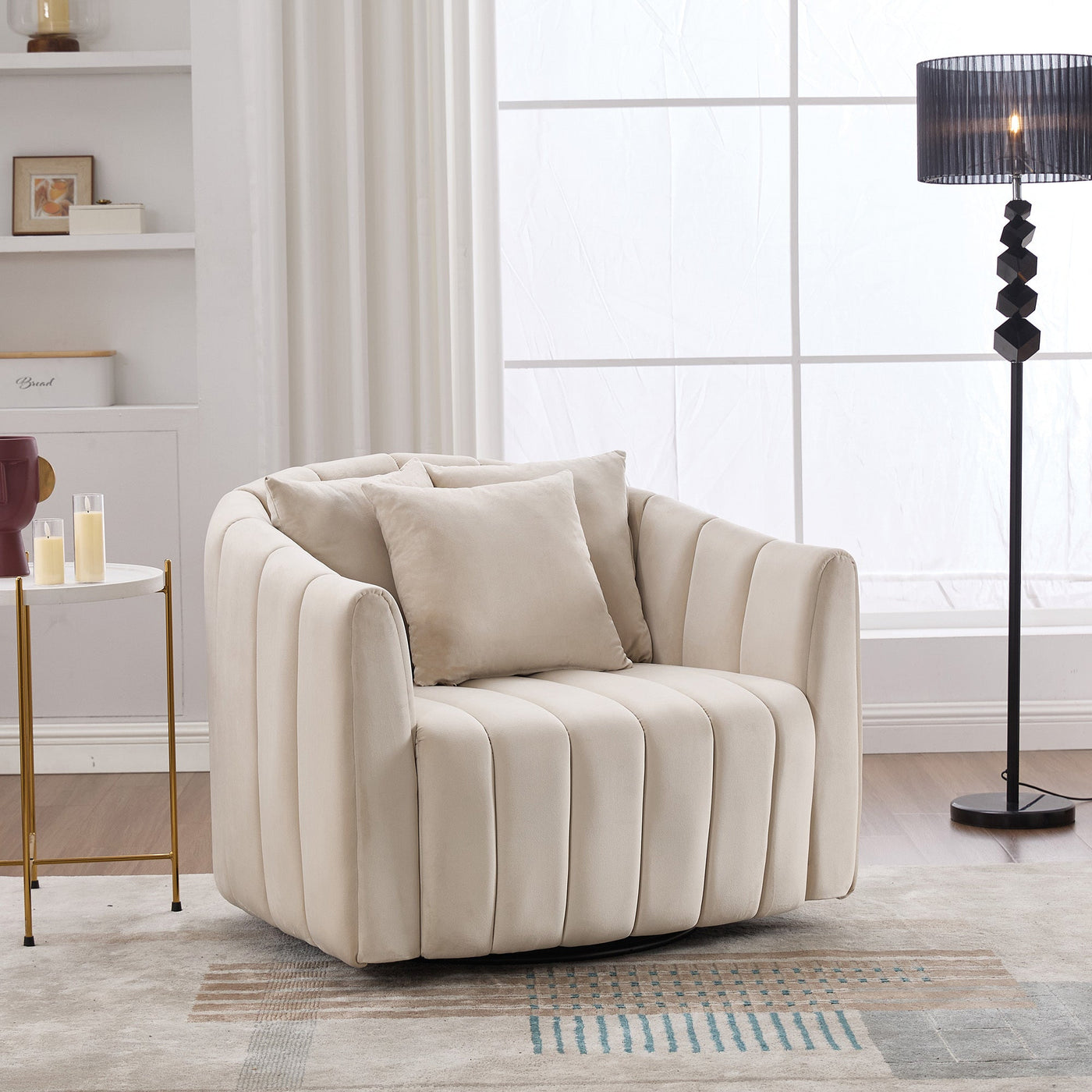 40.35'W Upholstered Oversized 360° Swivel Accent Barrel Chair and Half Cozy Sofa with 3 Pillows, Velvet Channel Tufted Pumpkin-Shape Club Armchair for Living Room, Bedroom, Office, Lounge, Beige