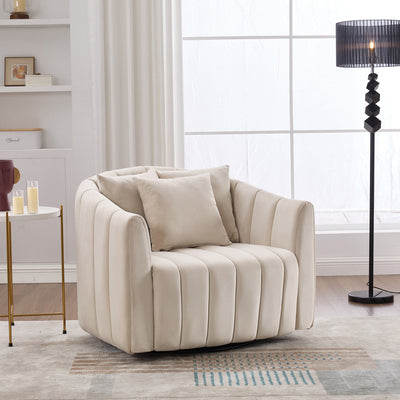 40.35'W Upholstered Oversized 360° Swivel Accent Barrel Chair and Half Cozy Sofa with 3 Pillows, Velvet Channel Tufted Pumpkin-Shape Club Armchair for Living Room, Bedroom, Office, Lounge, Beige