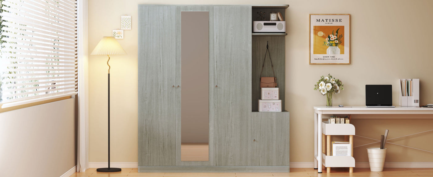 4-Door Wardrobe with Shelves, Drawers, and Full-Length Mirror, Gray