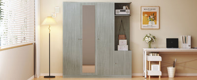 4-Door Wardrobe with Shelves, Drawers, and Full-Length Mirror, Gray