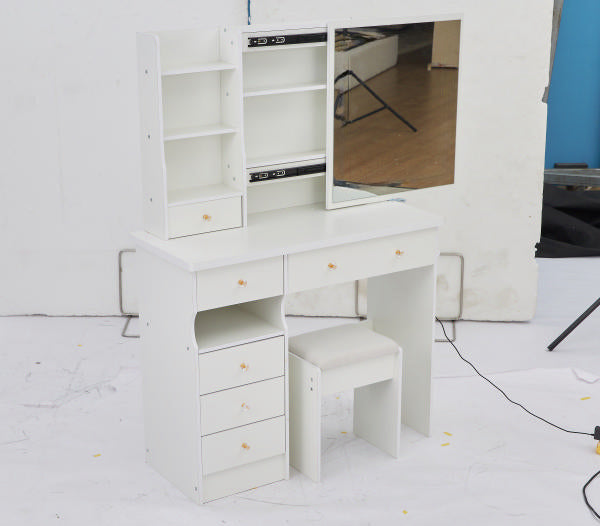 37' Middle Size Left Drawer Desktop Vanity Table + Cushioned Stool, Extra Large Right sliding mirror, Multi Layer High Capacity Storage, Practical Fashionable Dresser, Suitable For Large Space