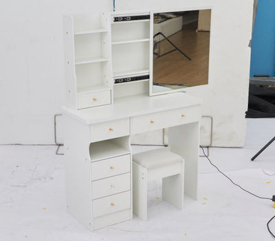 37' Middle Size Left Drawer Desktop Vanity Table + Cushioned Stool, Extra Large Right sliding mirror, Multi Layer High Capacity Storage, Practical Fashionable Dresser, Suitable For Large Space