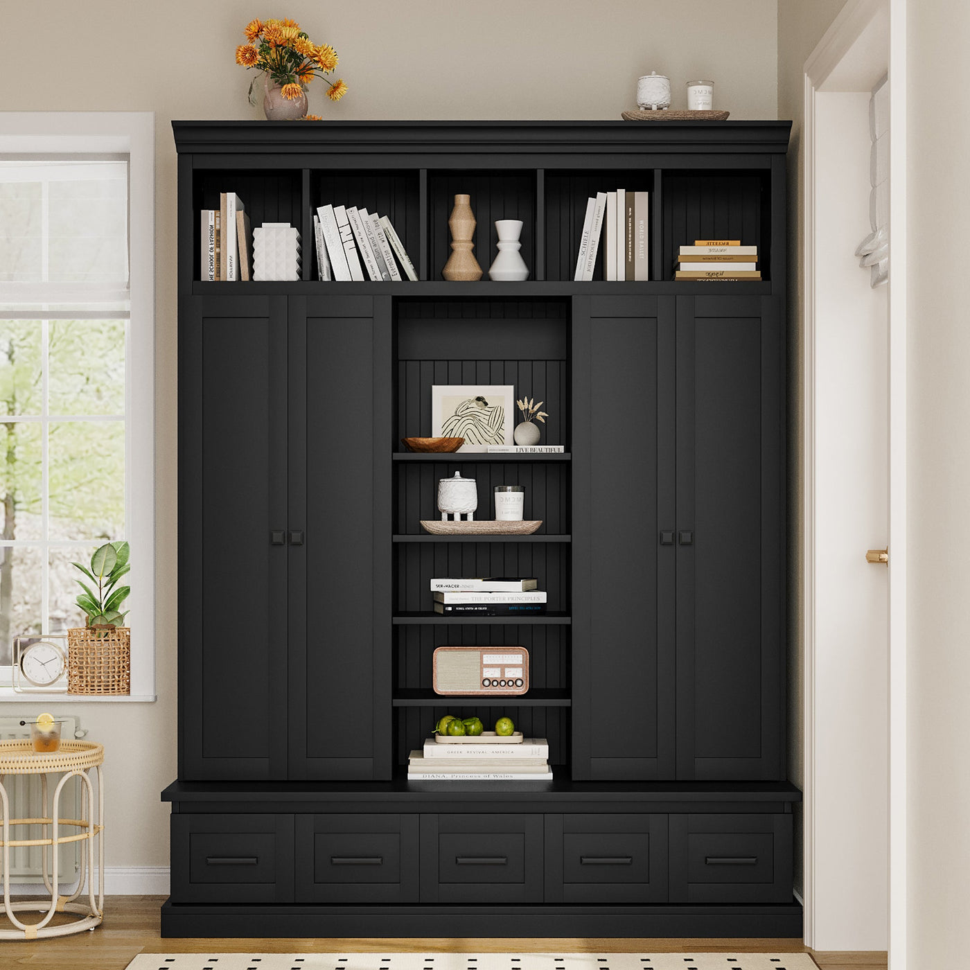 U-Can 78.7'H Hall Tree with Bench and 5 Storage Cubbies, Modern Entryway Storage Organizer Cabinet with 4 Doors, 5 Drawers and Adjustable Shelves for Hallway, Entryway, Living Room