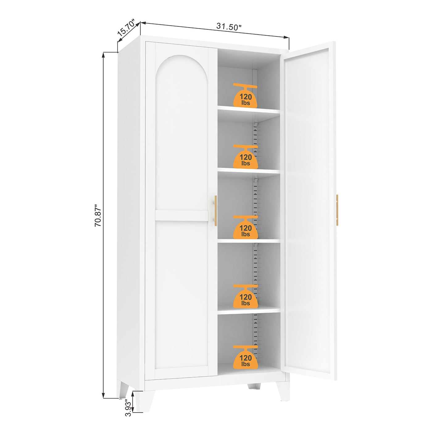 71'' 2 Shapely Doors Cabinet, Metal Storage Cabinet with Doors and Adjustable Shelves, for Bedroom, Living Room, Kitchen (White)