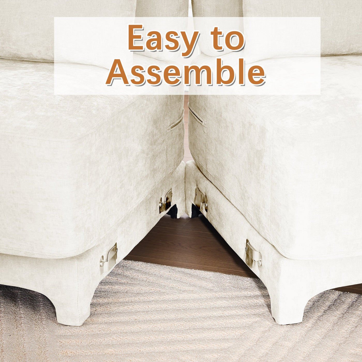 Elegant Chenille Three-Seater Sofa with Movable Ottomans, High-Resilience Sponge, Beige