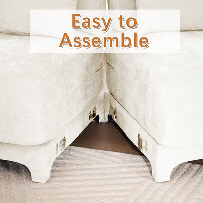 Elegant Chenille Three-Seater Sofa with Movable Ottomans, High-Resilience Sponge, Beige