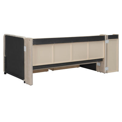 Twin Size Upholstered Daybed with Drawers, Shelves, Flip Cabinets & Side Table (Beige)
