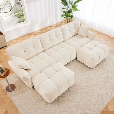Elegant Textured Chenille 3 Seater Sofa Set with Ottoman and Throw Pillows in Sturdy Solid Wood Frame, White