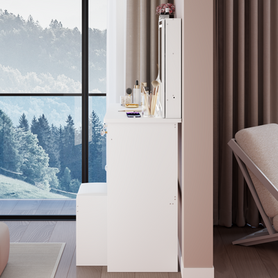 37' Middle Size Left Drawer Desktop Vanity Table + Cushioned Stool, Extra Large Right sliding mirror, Multi Layer High Capacity Storage, Practical Fashionable Dresser, Suitable For Large Space