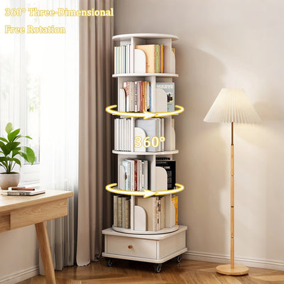 6 Tier Rotating Bookshelf with Wheels and Drawer, 360° Spinning Design, Space Saving Storage, for Home and Office, White MDF