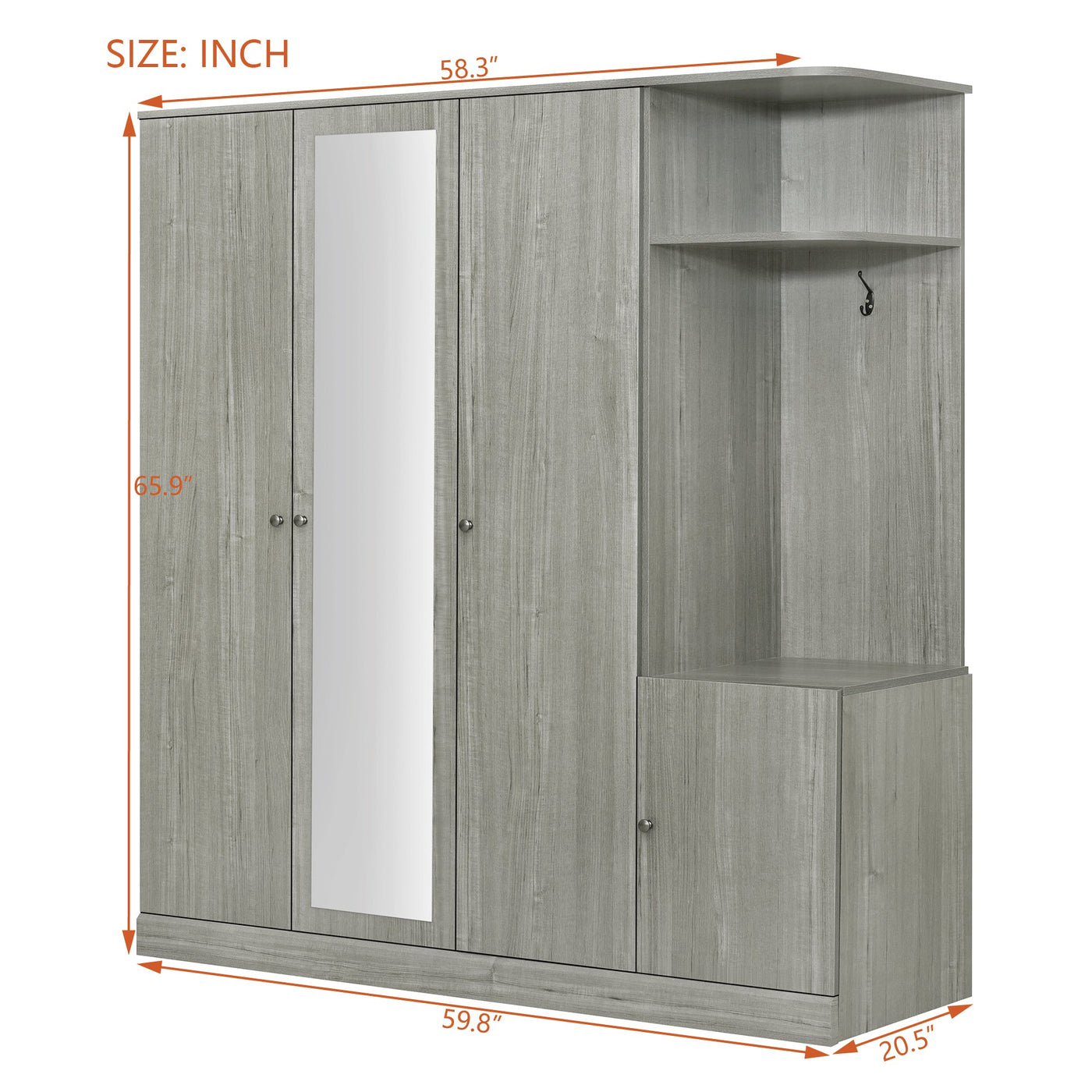 4-Door Wardrobe with Shelves, Drawers, and Full-Length Mirror, Gray
