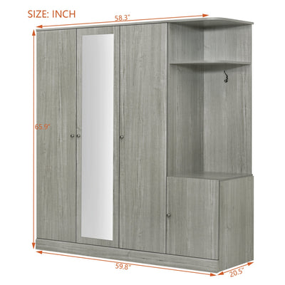 4-Door Wardrobe with Shelves, Drawers, and Full-Length Mirror, Gray