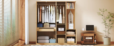 4-Door Wardrobe with Shelves, Drawers, and Full-Length Mirror, Natural