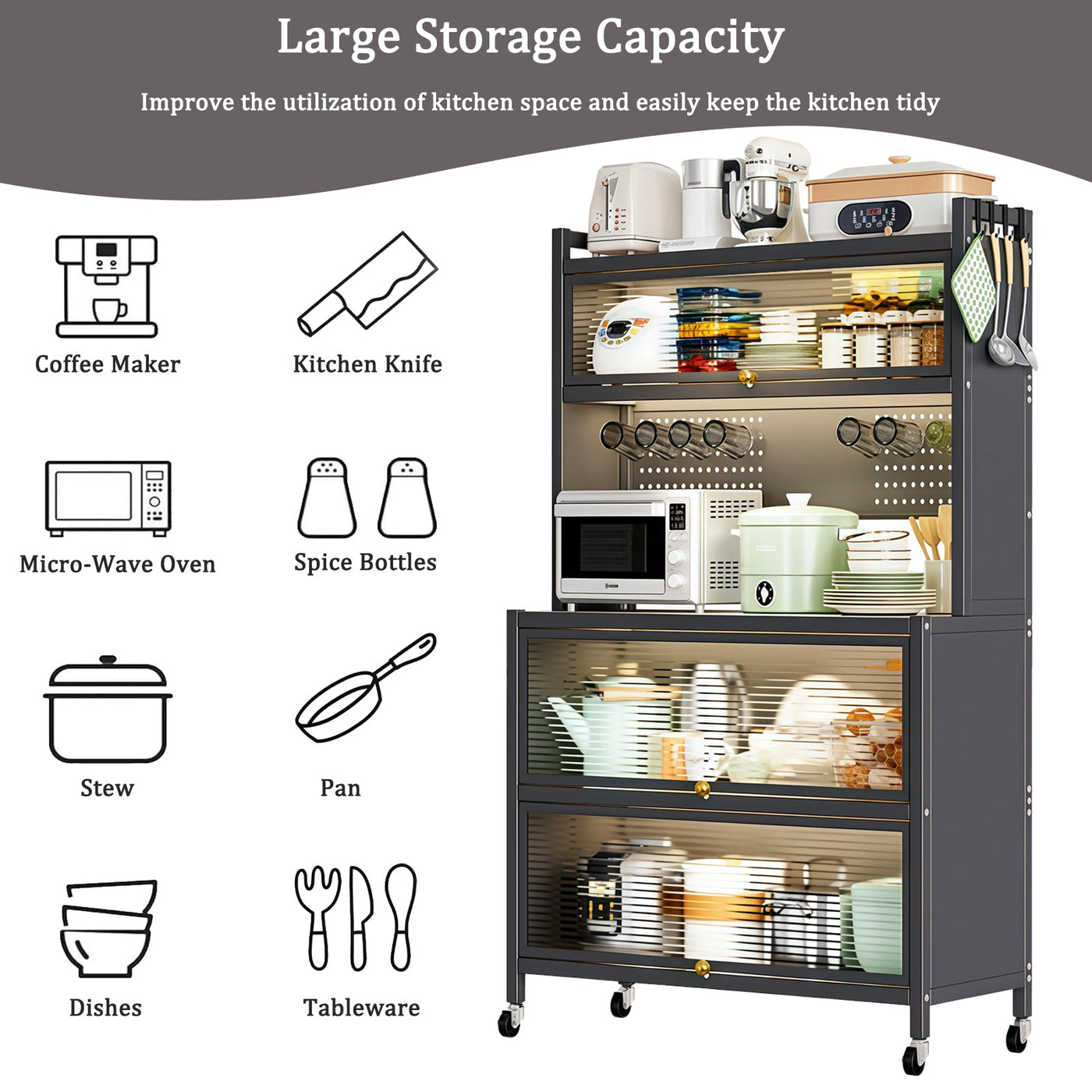 64' Kitchen Pantry Storage Cabinet, 5 Tier Metal Storage Cabinet with Wheels, Transparent Flap Door &  DIY Hole Board , Kitchen Storage Bakers Rack, for Kitchen, Living Room and Dining Room, Gray