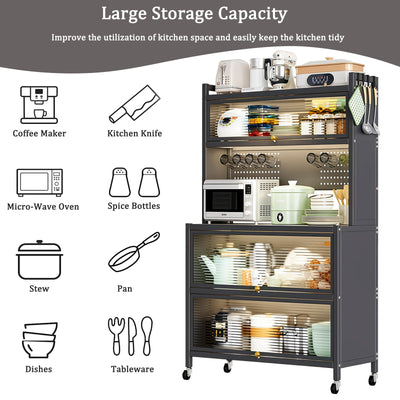 64' Kitchen Pantry Storage Cabinet, 5 Tier Metal Storage Cabinet with Wheels, Transparent Flap Door &  DIY Hole Board , Kitchen Storage Bakers Rack, for Kitchen, Living Room and Dining Room, Gray