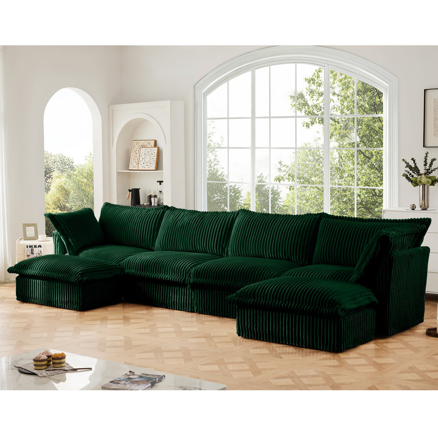 Slipcovered U Shape Sectional Wide and Deep Seat Sofa Couch, 4 Seater Sofa with French Edges Design Multiple Big Pillows, Soft Deep Seat Comfy Cloud Couch for Living Room, Apartment, Green Corduroy