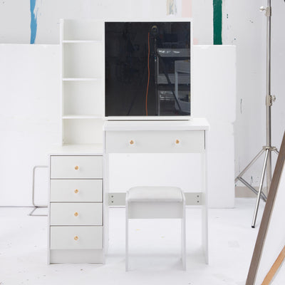 37' Middle Size Left Bedside Cabinet Vanity Table + Cushioned Stool, Extra Large Right sliding mirror, Multi Layer High Capacity Storage, Practical Fashionable Dresser, Suitable For Large Space