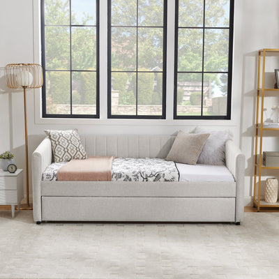 Twin Size Daybed with Trundle Upholstered Sofa Bed, with Vertical Stripes, Linen Fabric, Beige  (82.5'x43'x30')