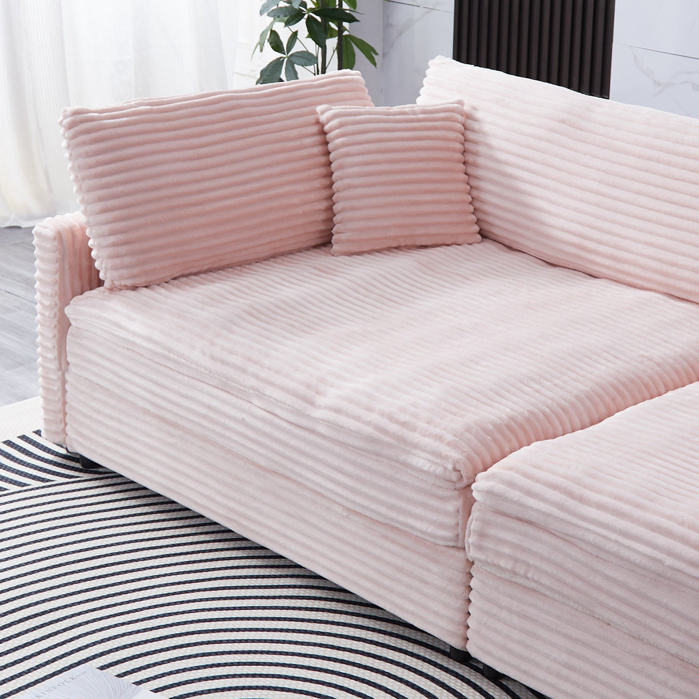 Elegant Pink Corduroy Sofa with Throw Pillows and Backrests for Living Room Leisure