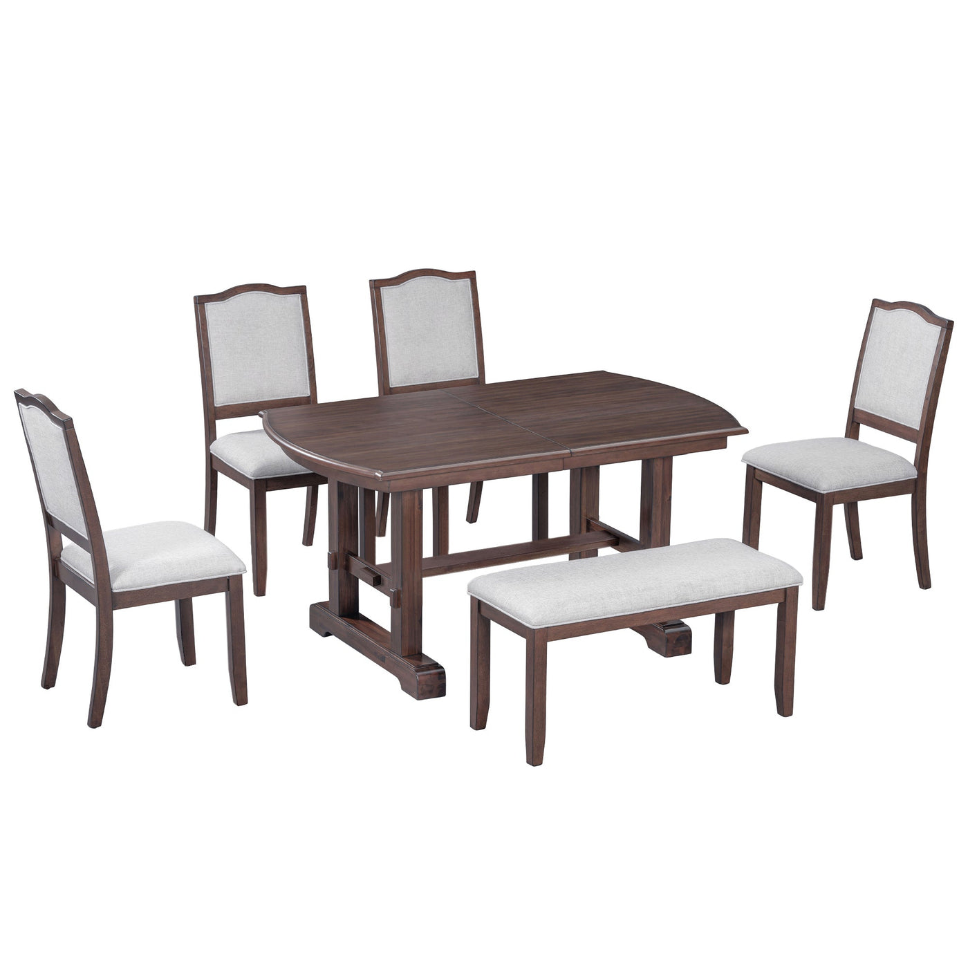 6-Piece Extendable Dining Table Set, 60–78 in. Wood Table with Removable Leaf, 4 Upholstered Chairs and Bench, Cherry Finish