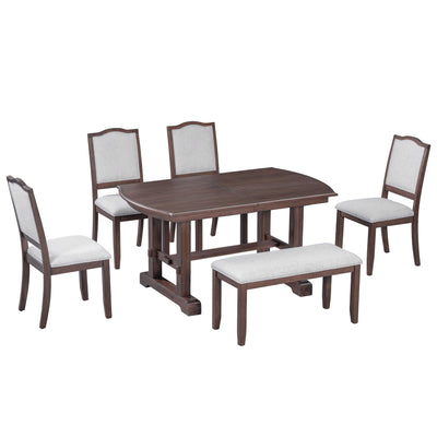 6-Piece Extendable Dining Table Set, 60–78 in. Wood Table with Removable Leaf, 4 Upholstered Chairs and Bench, Cherry Finish