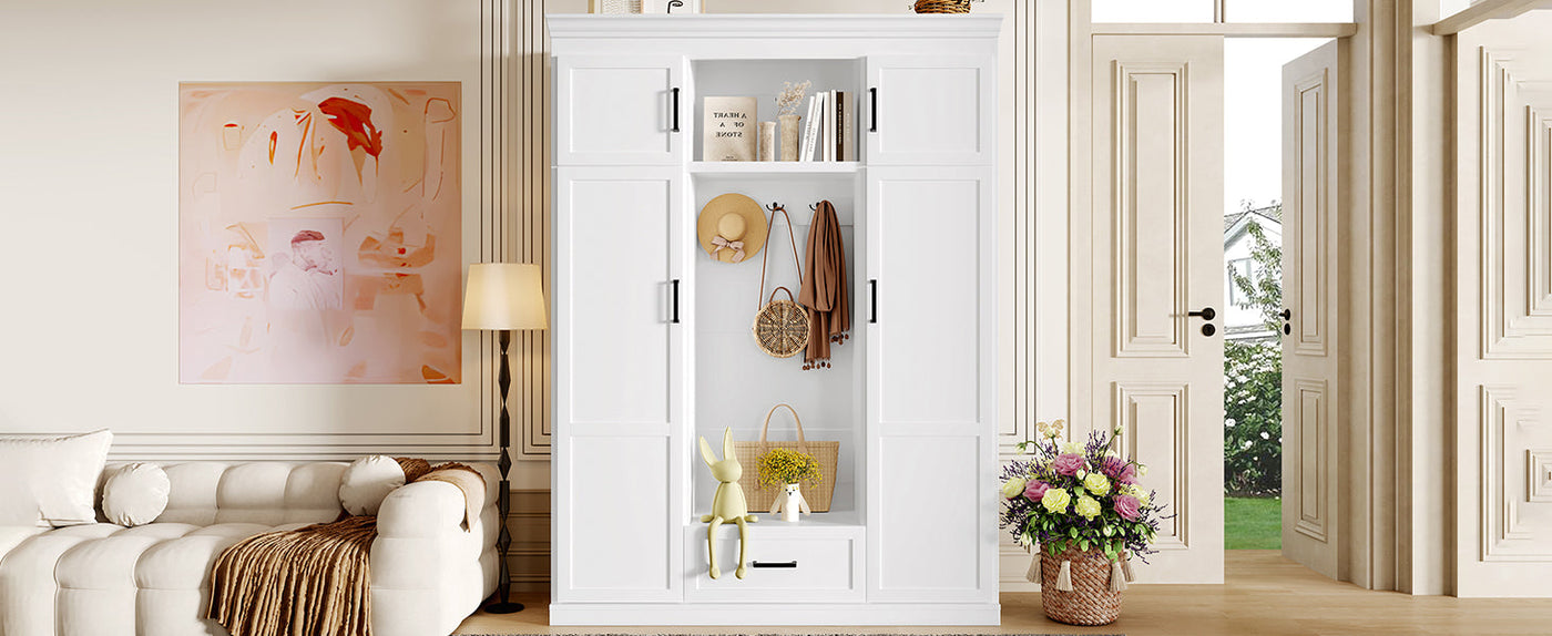 U-Can 85.2''H Hall Tree with Bench and 3 Hooks, Modern Entryway Storage Organizer Cabinet with 4 Doors, 1 Drawer and Adjustable Shelves for Hallway, Entryway, Living Room