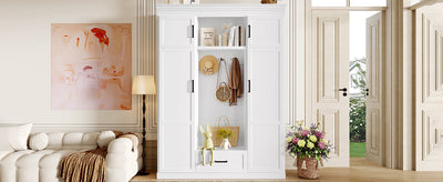 U-Can 85.2''H Hall Tree with Bench and 3 Hooks, Modern Entryway Storage Organizer Cabinet with 4 Doors, 1 Drawer and Adjustable Shelves for Hallway, Entryway, Living Room