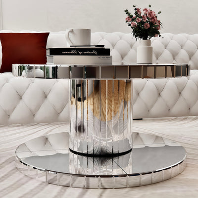 Luxury Double-Tier Round Mirror Coffee & End Table with Fluted Glass - Modern Sofa Side Table, Silver, MDF+Glass, 31.5' Diameter