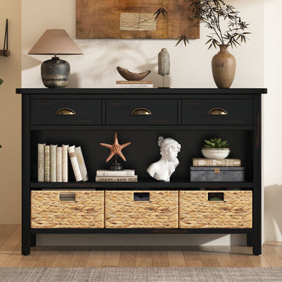 TREXM Retro Console Table with 3 Storage Drawers, Entryway Table with 3 Water Hyacinth Woven Baskets,Wooden Accent Sofa Table Buffet Cabinet for Entryway, Hallway and Living Room (Espresso)