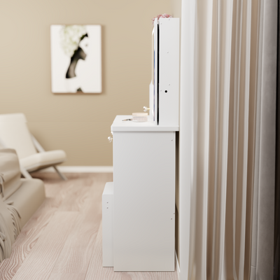 29.2' Small Size Left Drawer Desktop Vanity Table + Cushioned Stool, Extra Large Right sliding mirror, Multi Layer High Capacity Storage, Practical Fashionable Dresser, Suitable For Small Space
