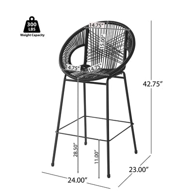 Ferrara Outdoor Patio Barstool Set of 2, Black Faux Wicker PE Rattan with Iron Frame