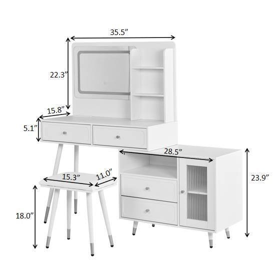 Modern Makeup Vanity Desk with Mirror and Lights, Retractable Dressing Table with Drawers and Cabinet, Compact Makeup Table Set with Power Outlet for Bedroom, White