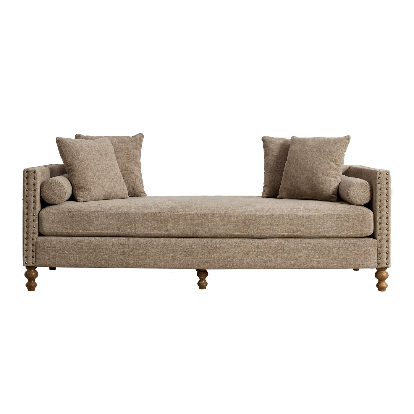 Upholstered Chaise Lounge Indoor with Nailheads, Sleeper Sofa Couch with 4 Throw Pillows & 2 Bolsters, Daybed with Rubberwood Legs, Taupe Chenille,75.2'' Wide