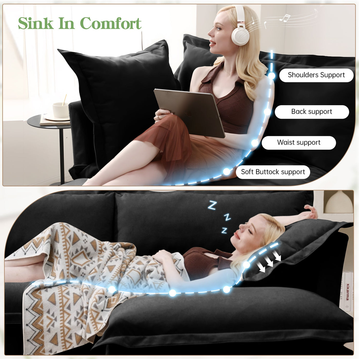 Slip-covered Armchair with 1 Big Back Cushion and 2 Big Toss Pillows, Single Deep Seat Comfy Single Couch Sofa Multiple Large Soft Pillows, Chenille Fabric, Black