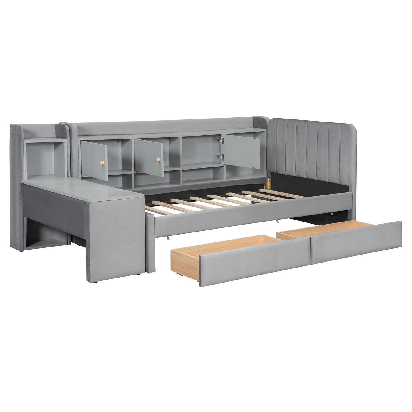 Twin Size Upholstered Daybed with Drawers, Shelves, Flip Cabinets & Side Table (Gray)