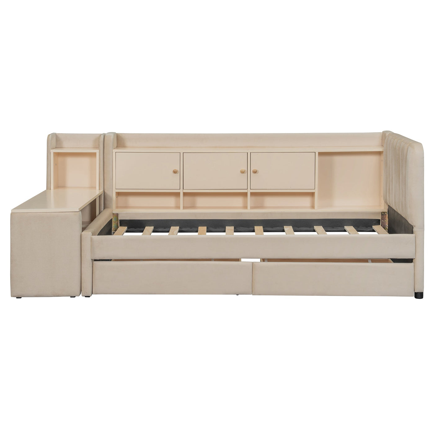 Twin Size Upholstered Daybed with Drawers, Shelves, Flip Cabinets & Side Table (Beige)