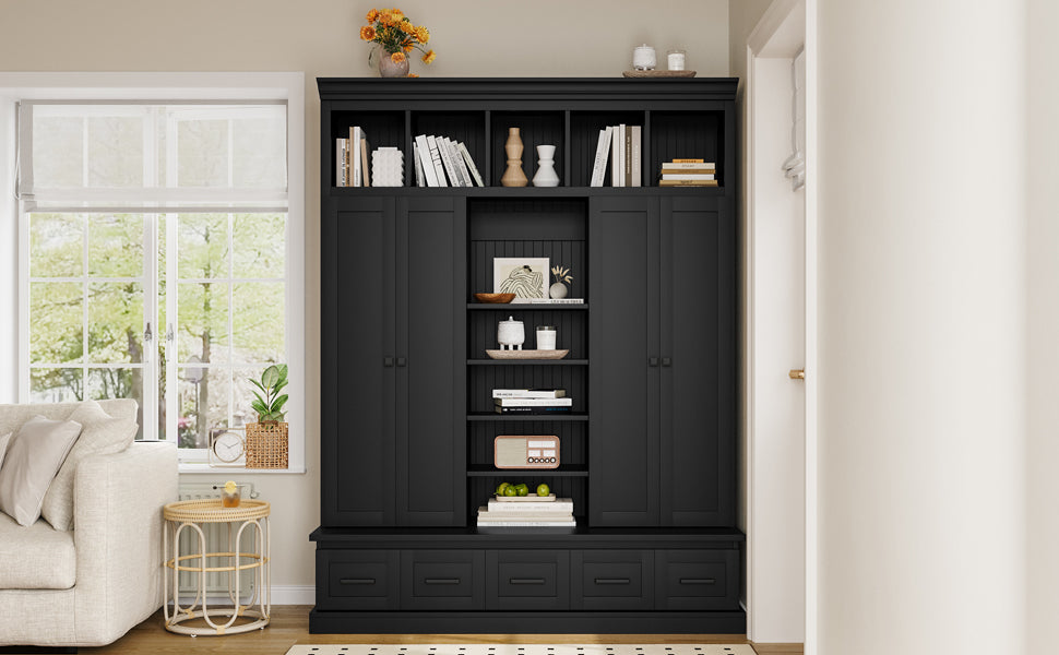 U-Can 78.7'H Hall Tree with Bench and 5 Storage Cubbies, Modern Entryway Storage Organizer Cabinet with 4 Doors, 5 Drawers and Adjustable Shelves for Hallway, Entryway, Living Room
